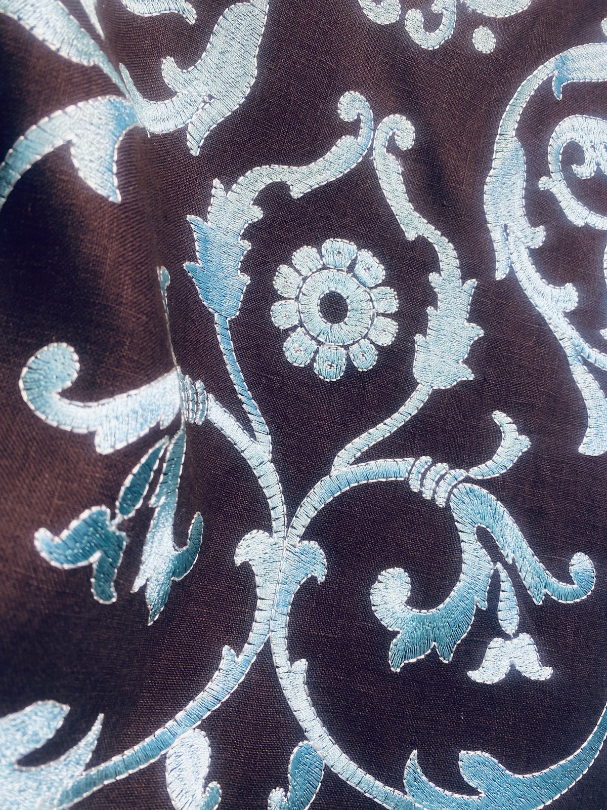 NEW! Duchess Dahlia Novelty Belgium Imported 100% Linen Embroidered Medallion Fabric Chocolate Brown and Light Blue - Fancy Styles Fabric Pierre Frey Lee Jofa Brunschwig & Fils