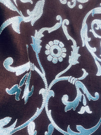 NEW! Duchess Dahlia Novelty Belgium Imported 100% Linen Embroidered Medallion Fabric Chocolate Brown and Light Blue - Fancy Styles Fabric Pierre Frey Lee Jofa Brunschwig & Fils