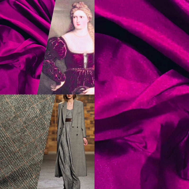 App Sale: $16 Mystery Fabric 564- 1 Yard Lady Frank Light Faux Silk Taffeta Magenta + 1/2 Yard of Wool Blend Suiting
