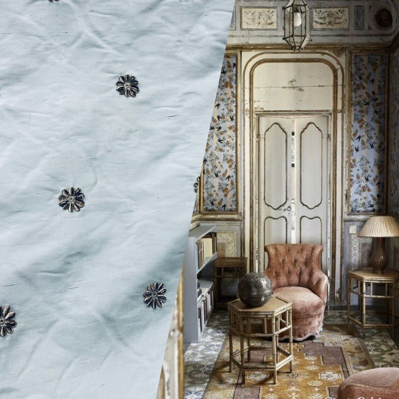 NEW! SALE! Lady Margaret 100% Silk Dupioni Taffeta Fabric- Velvet Grey Embroidery Floral -Light Blue