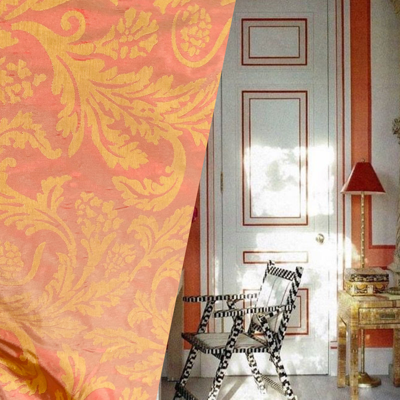 NEW Queen Dahlila Jacquard Neoclassical Floral Damask Matte Satin Brick Red and Gold Jacquard Drapery Fabric