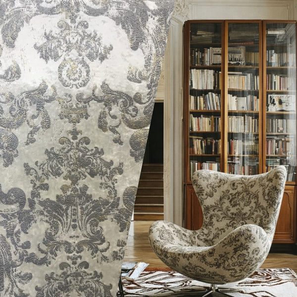 NEW! Queen Renee Antique Inspired Burnout Velvet Medallion Fabric - White W/ Silver & Gray - Fancy Styles Fabric Pierre Frey Lee Jofa Brunschwig & Fils