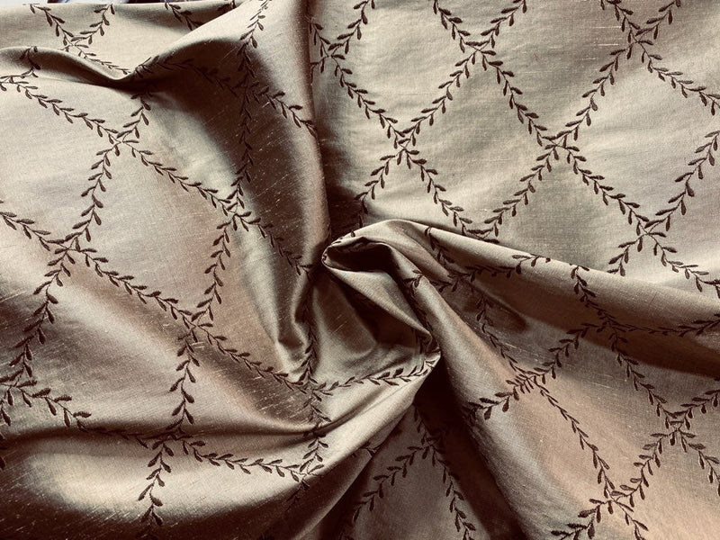 NEW Queen Mary 100% Silk Dupioni Fabric with Diamond Leaf Motif in Pewter - Fancy Styles Fabric Pierre Frey Lee Jofa Brunschwig & Fils