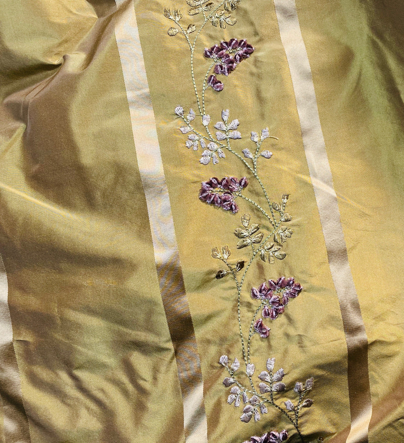 NEW Lady Lana 100% Silk Taffeta Ribbon Stripes with Embroidered Velvet Gold & Lavender Floral Motif Iridescent Fabric - Fancy Styles Fabric Pierre Frey Lee Jofa Brunschwig & Fils