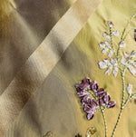 NEW Lady Lana 100% Silk Taffeta Ribbon Stripes with Embroidered Velvet Gold & Lavender Floral Motif Iridescent Fabric - Fancy Styles Fabric Pierre Frey Lee Jofa Brunschwig & Fils
