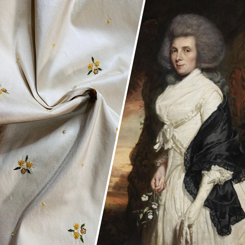 NEW! SALE! Queen Jane Beaded Floral 100% Silk Taffeta Fabric - Ivory W/ Yellow Beaded Flowers