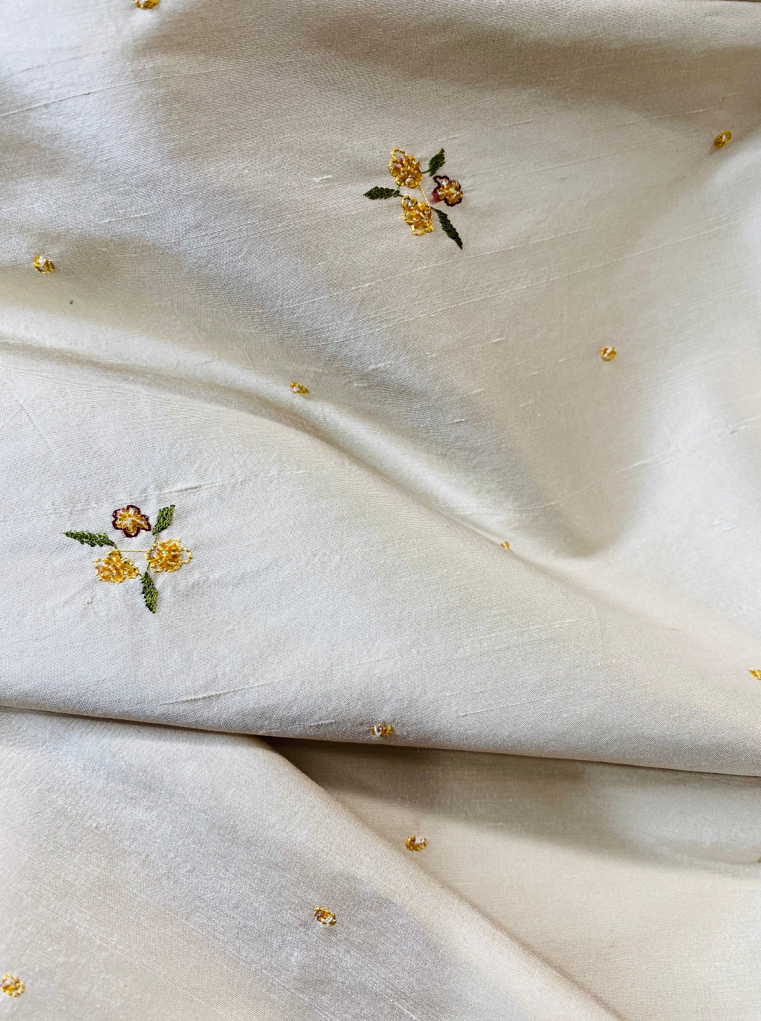 NEW! SALE! Queen Jane Beaded Floral 100% Silk Taffeta Fabric - Ivory W/ Yellow Beaded Flowers - Fancy Styles Fabric Pierre Frey Lee Jofa Brunschwig & Fils