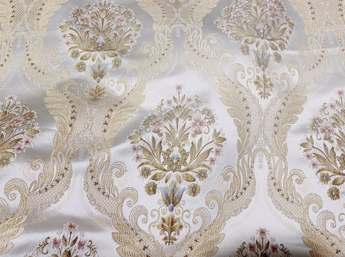 Queen Antionette Novelty Ritz Neoclassical Brocade Medallion Floral Satin Fabric - Ivory - Fancy Styles Fabric Pierre Frey Lee Jofa Brunschwig & Fils
