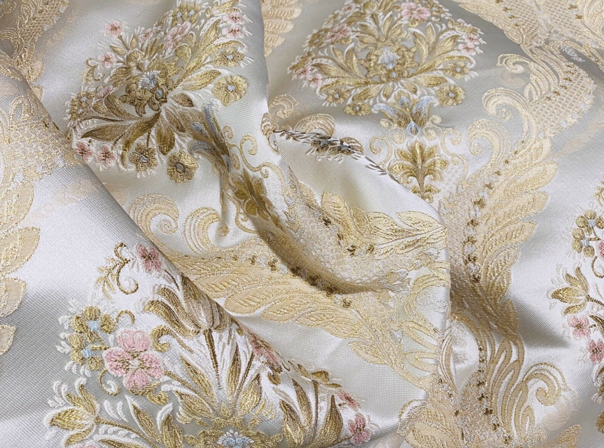 Queen Antionette Novelty Ritz Neoclassical Brocade Medallion Floral Satin Fabric - Ivory - Fancy Styles Fabric Pierre Frey Lee Jofa Brunschwig & Fils
