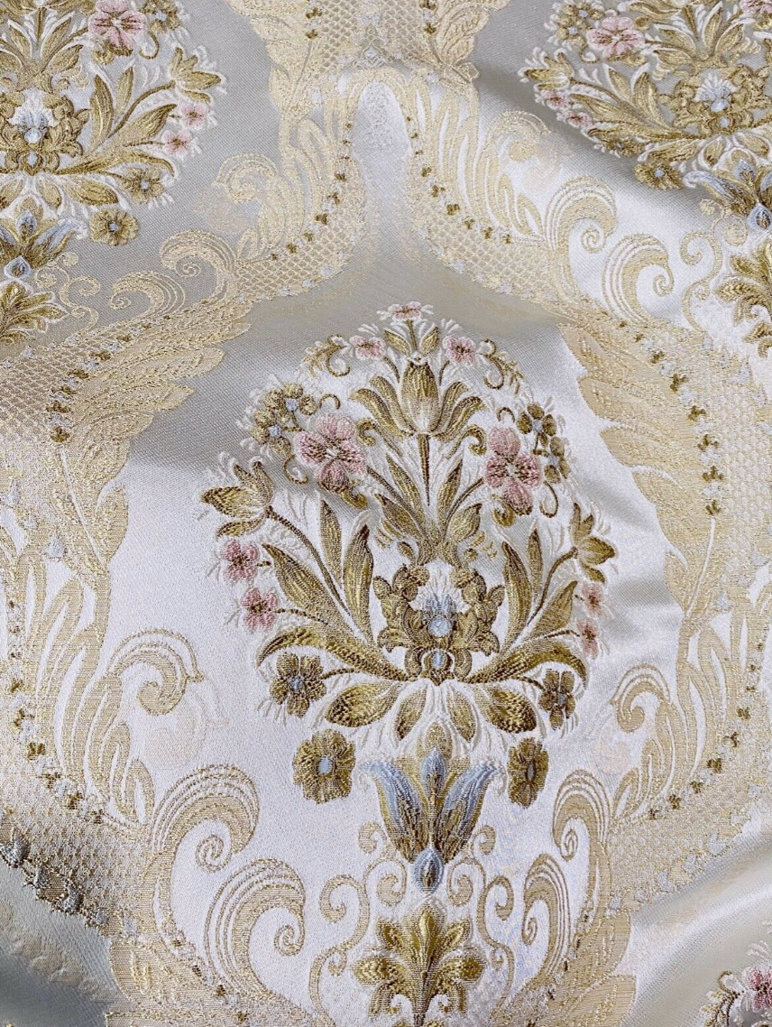 Queen Antionette Novelty Ritz Neoclassical Brocade Medallion Floral Satin Fabric - Ivory - Fancy Styles Fabric Pierre Frey Lee Jofa Brunschwig & Fils