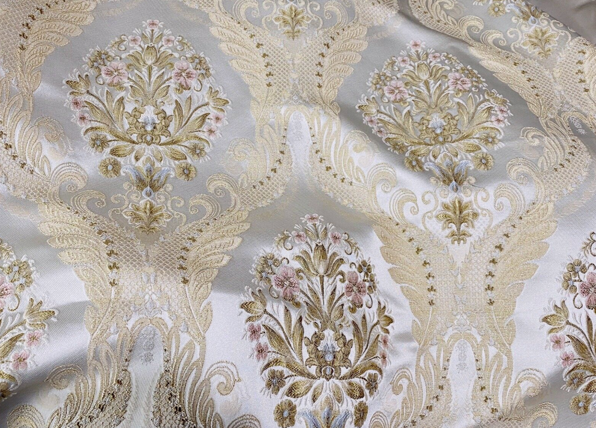 Queen Antionette Novelty Ritz Neoclassical Brocade Medallion Floral Satin Fabric - Ivory - Fancy Styles Fabric Pierre Frey Lee Jofa Brunschwig & Fils