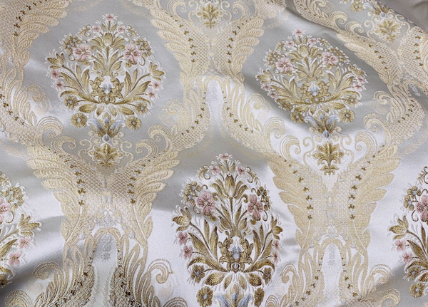 Queen Antionette Novelty Ritz Neoclassical Brocade Medallion Floral Satin Fabric - Ivory - Fancy Styles Fabric Pierre Frey Lee Jofa Brunschwig & Fils