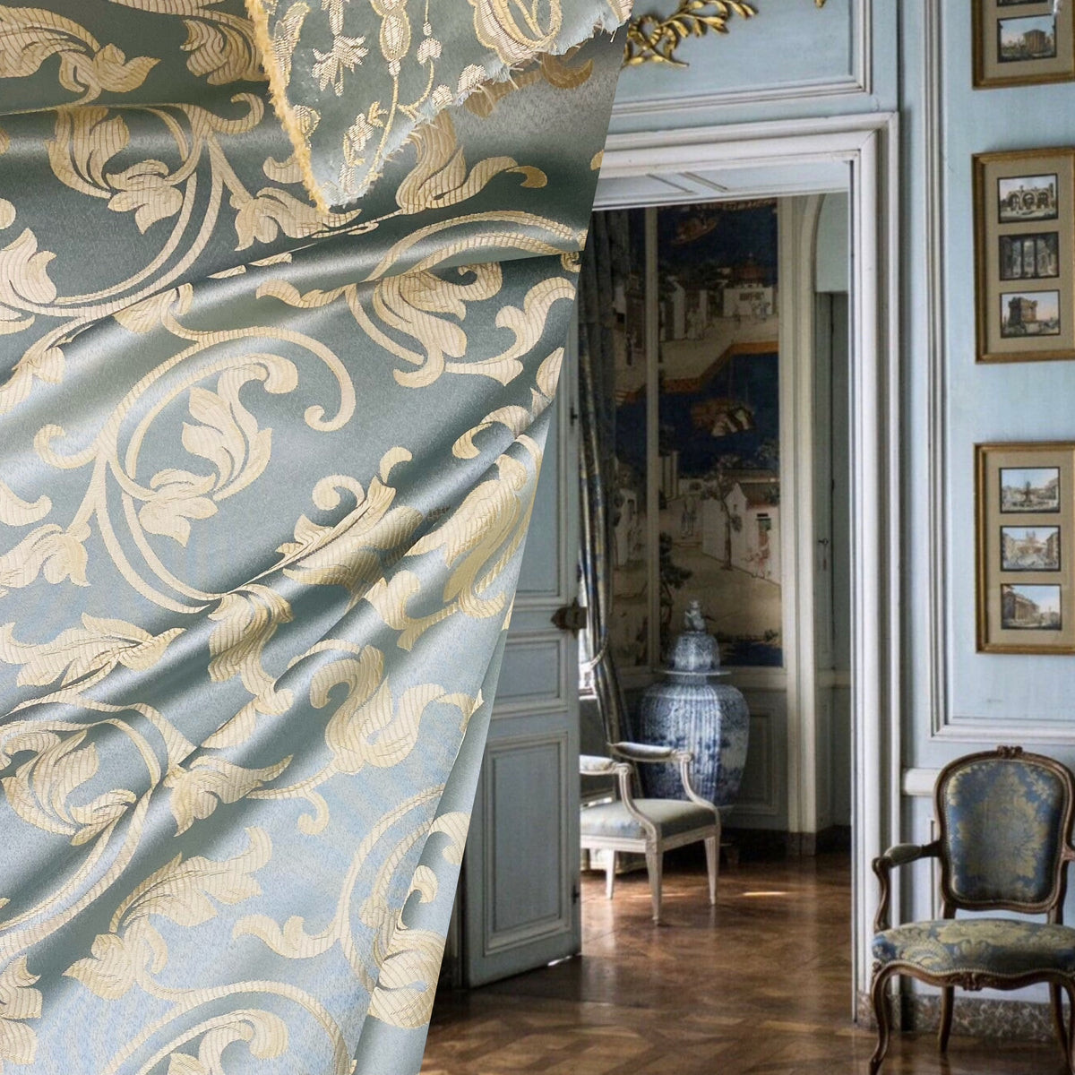 NEW Lord Percephone Neoclassical Floral Duck Egg Blue and Gold Upholstery and Drapery Fabric - Fancy Styles Fabric Pierre Frey Lee Jofa Brunschwig & Fils