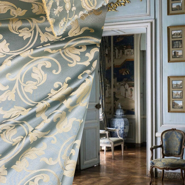 NEW Lord Percephone Neoclassical Floral Duck Egg Blue and Gold Upholstery and Drapery Fabric - Fancy Styles Fabric Pierre Frey Lee Jofa Brunschwig & Fils