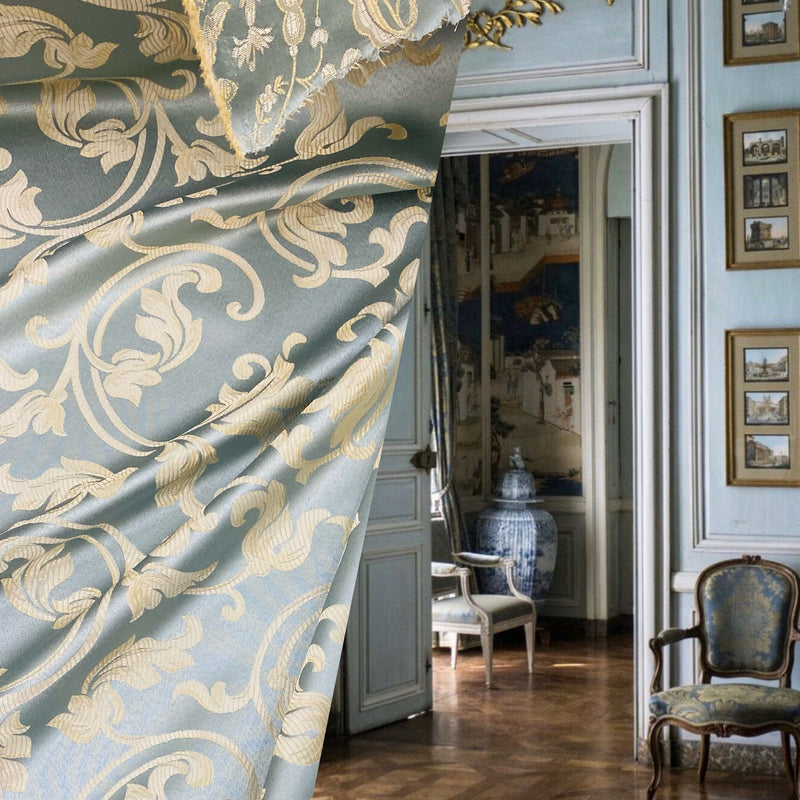 NEW Lord Percephone Neoclassical Floral Duck Egg Blue and Gold Upholstery and Drapery Fabric