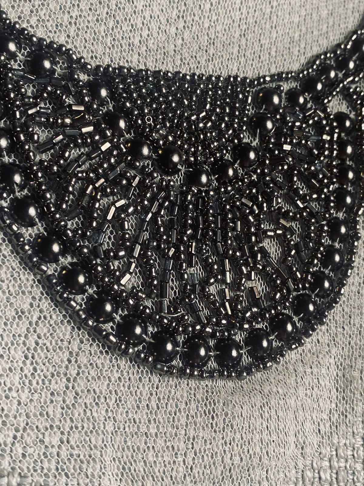 NEW THE QUEEN Silver Beaded Appliqué on White Mesh Lace - Fancy Styles Fabric Pierre Frey Lee Jofa Brunschwig & Fils