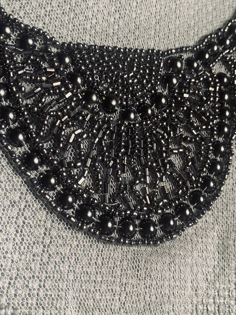 Haggle: THE QUEEN Silver Beaded Appliqué on White Mesh Lace