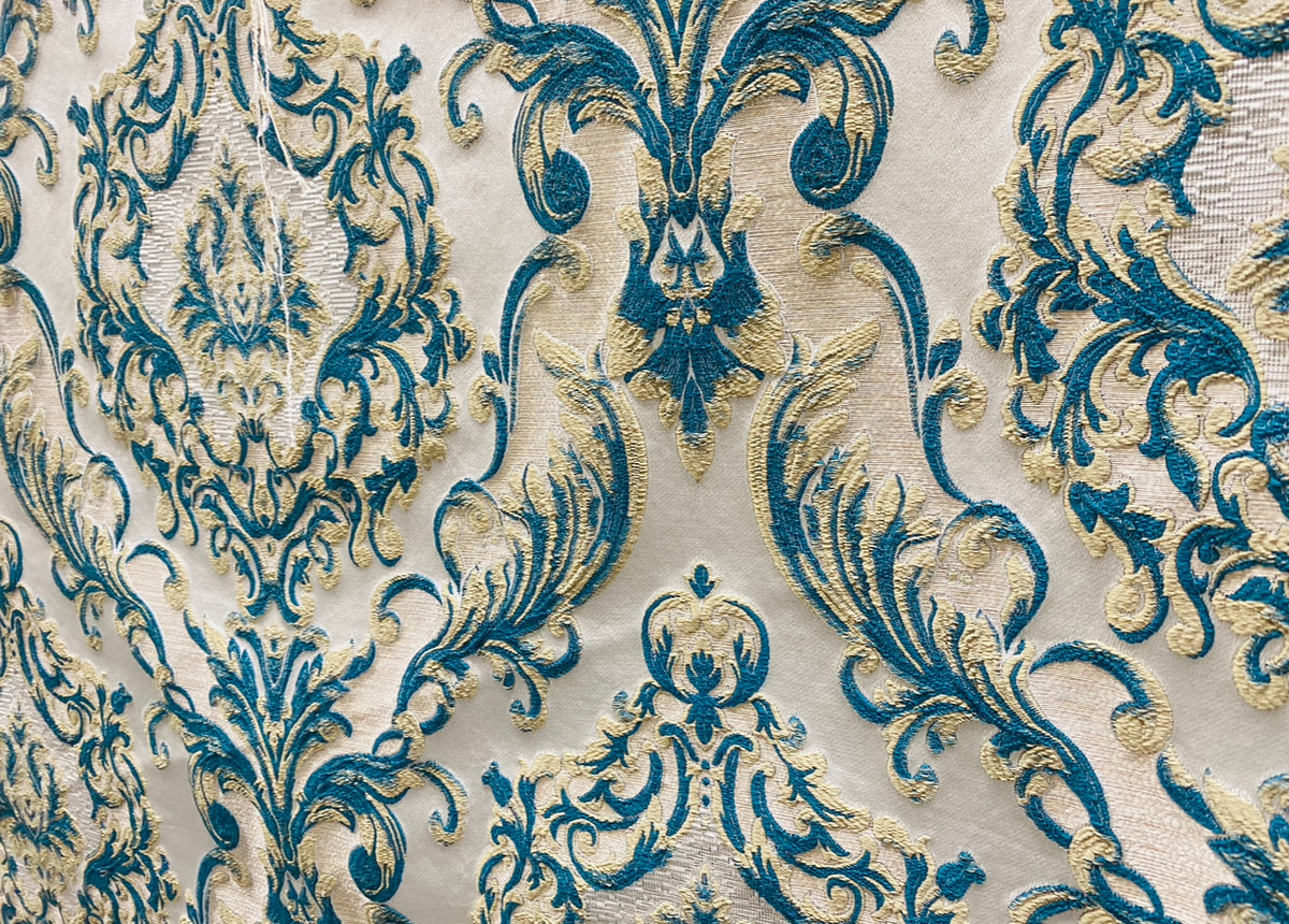 NEW Queen Marianna Novelty Ritz Neoclassical Brocade Satin Fabric - Peacock Blue - Fancy Styles Fabric Pierre Frey Lee Jofa Brunschwig & Fils