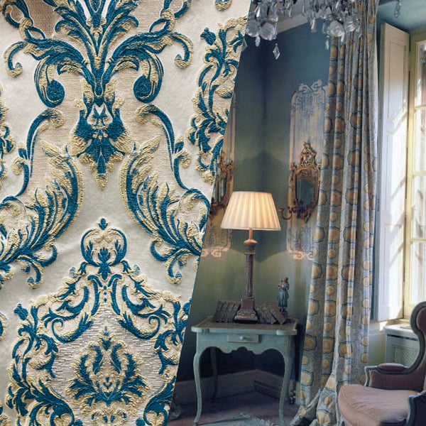 NEW Queen Marianna Novelty Ritz Neoclassical Brocade Satin Fabric - Peacock Blue - Fancy Styles Fabric Pierre Frey Lee Jofa Brunschwig & Fils