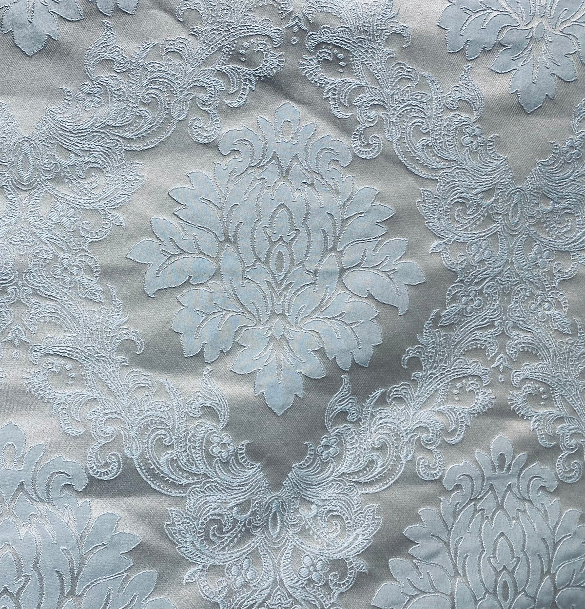 NEW Princess Gemma Designer Brocade Satin Fabric- Ice Blue on Grey- Upholstery Medallion - Fancy Styles Fabric Pierre Frey Lee Jofa Brunschwig & Fils