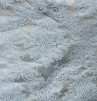 NEW Princess Gemma Designer Brocade Satin Fabric- Ice Blue on Grey- Upholstery Medallion - Fancy Styles Fabric Pierre Frey Lee Jofa Brunschwig & Fils