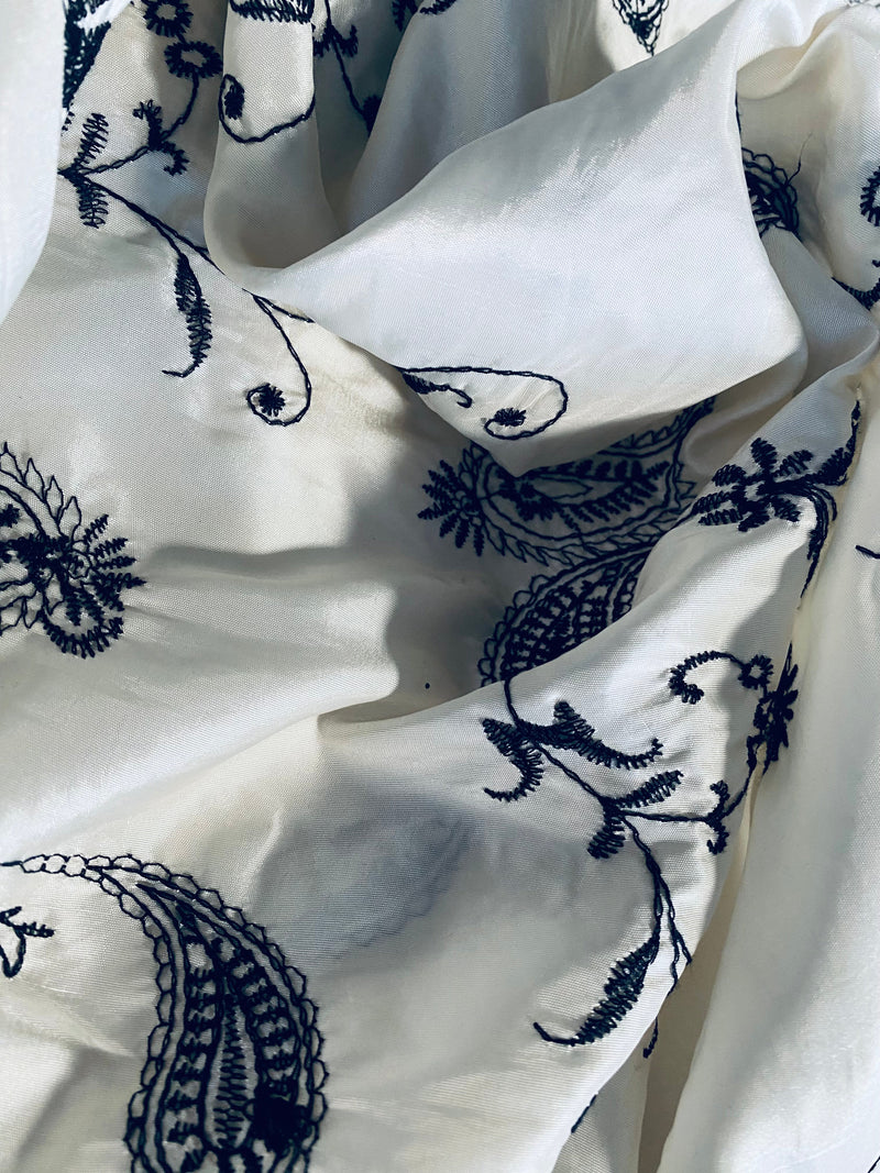 App Sale: Duchess Mabelina Embroidered “Faux Silk” Fabric White & Black Iridescence