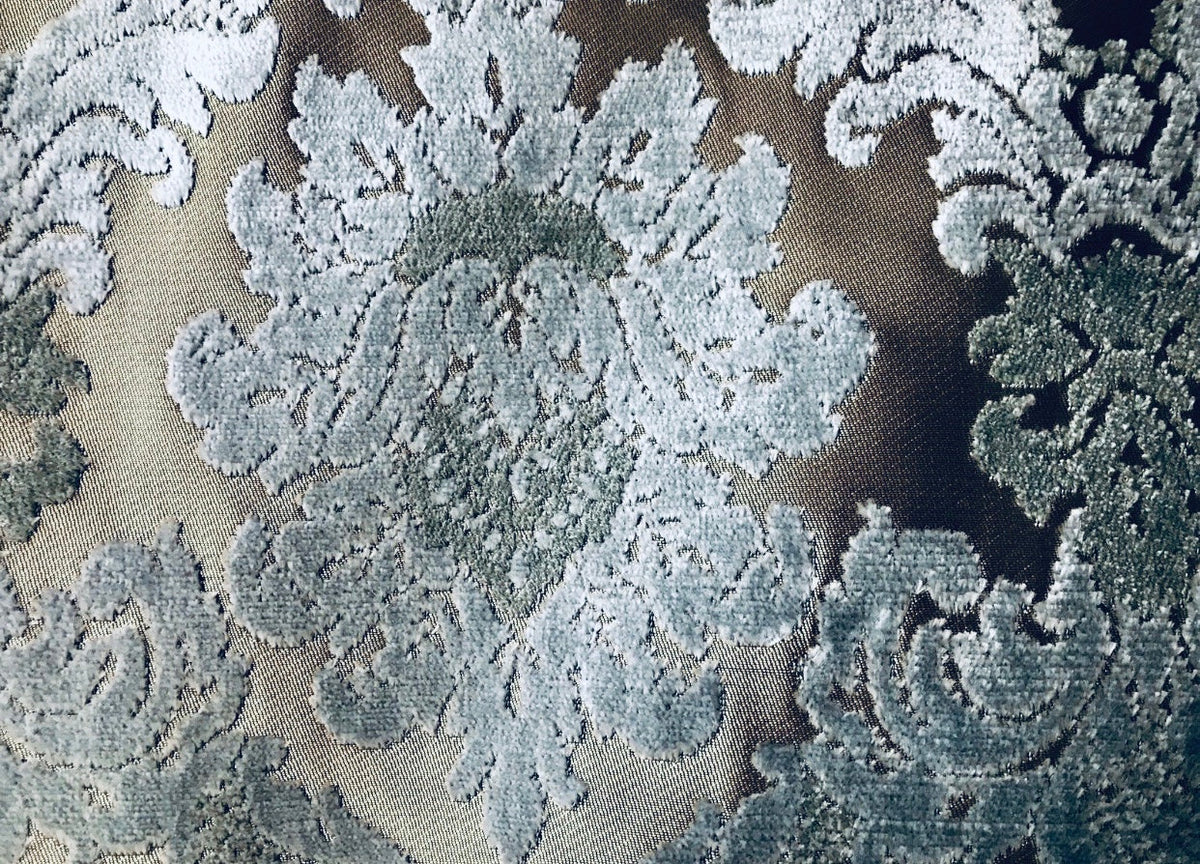 NEW! Emperor Walter Designer Italian Burnout Damask Chenille Silver-Blue Bronze Fabric Upholstery - Fancy Styles Fabric Pierre Frey Lee Jofa Brunschwig & Fils