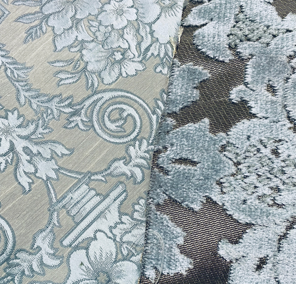 NEW! Emperor Walter Designer Italian Burnout Damask Chenille Silver-Blue Bronze Fabric Upholstery - Fancy Styles Fabric Pierre Frey Lee Jofa Brunschwig & Fils
