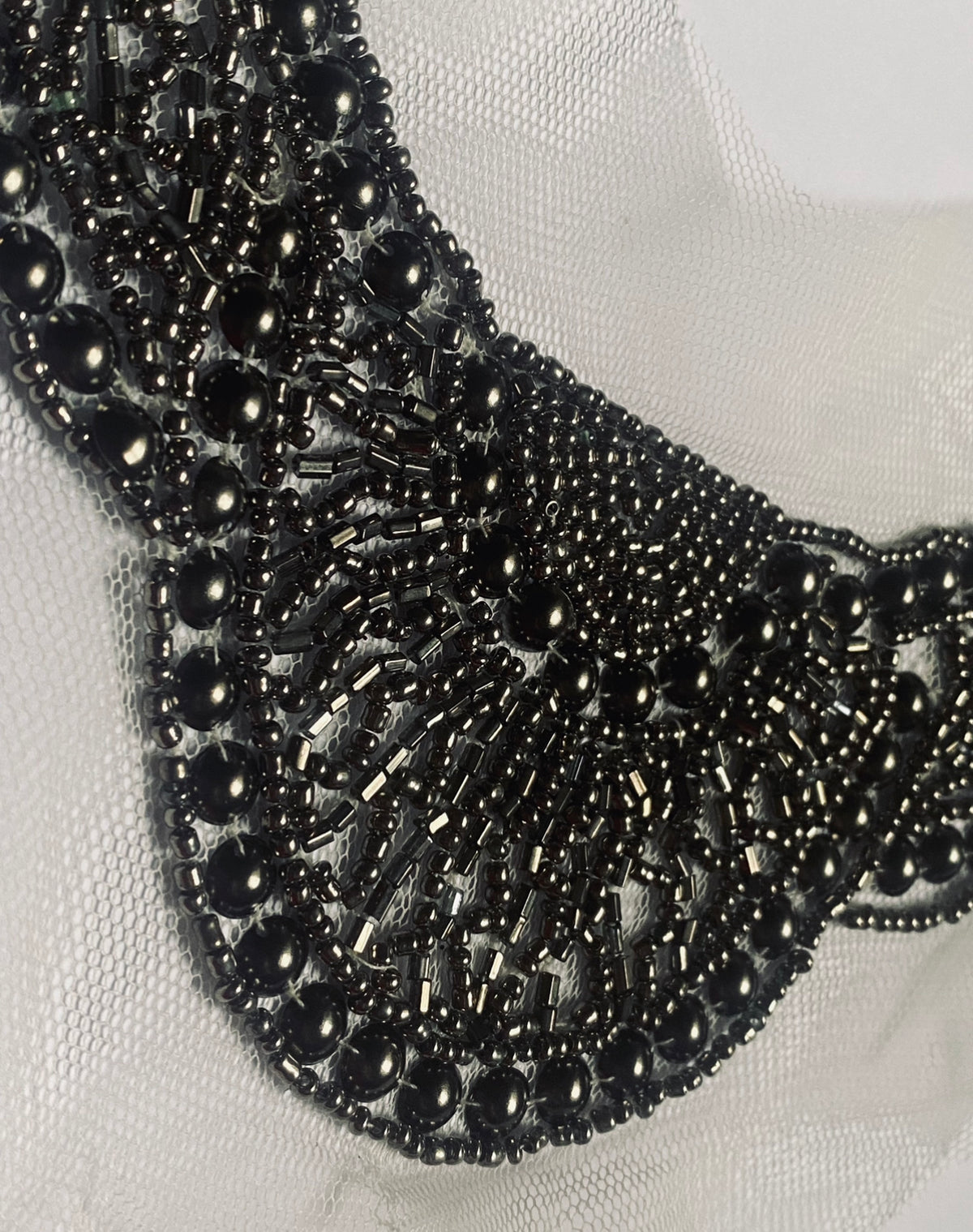 NEW THE QUEEN Silver Beaded Appliqué on White Mesh Lace - Fancy Styles Fabric Pierre Frey Lee Jofa Brunschwig & Fils