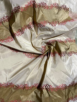 App Sale: Lady Kristen Designer 100% Silk Taffeta Embroidered Stripe Floral Fabric- Gold and Red