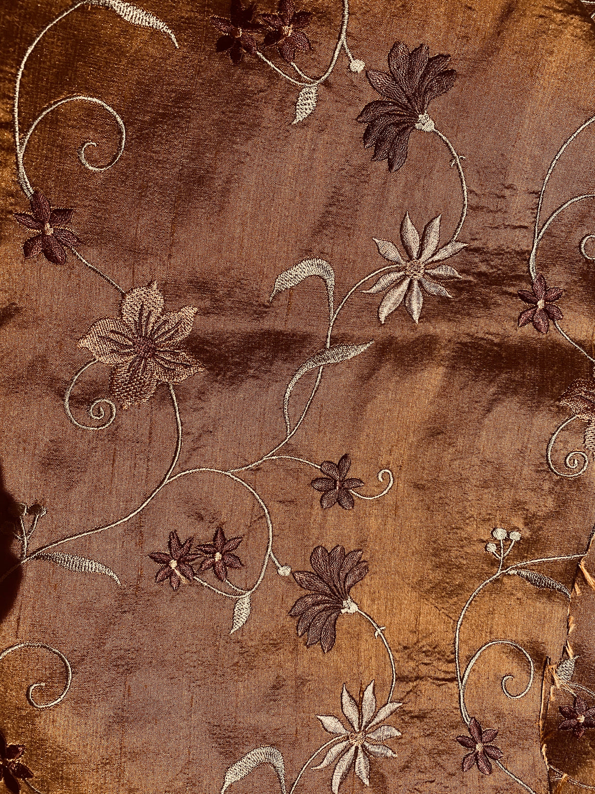 Queen Charlotte 100% Silk Dupioni in Copper with Black Irridescence with Embroidered Floral Motif Fabric - Fancy Styles Fabric Pierre Frey Lee Jofa Brunschwig & Fils