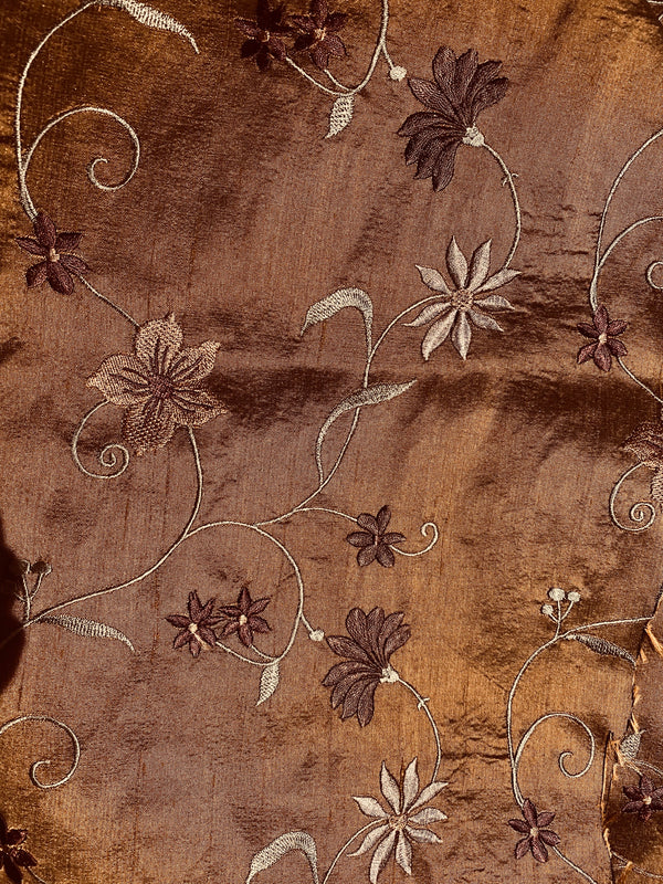 Queen Charlotte 100% Silk Dupioni in Copper with Black Irridescence with Embroidered Floral Motif Fabric - Fancy Styles Fabric Pierre Frey Lee Jofa Brunschwig & Fils