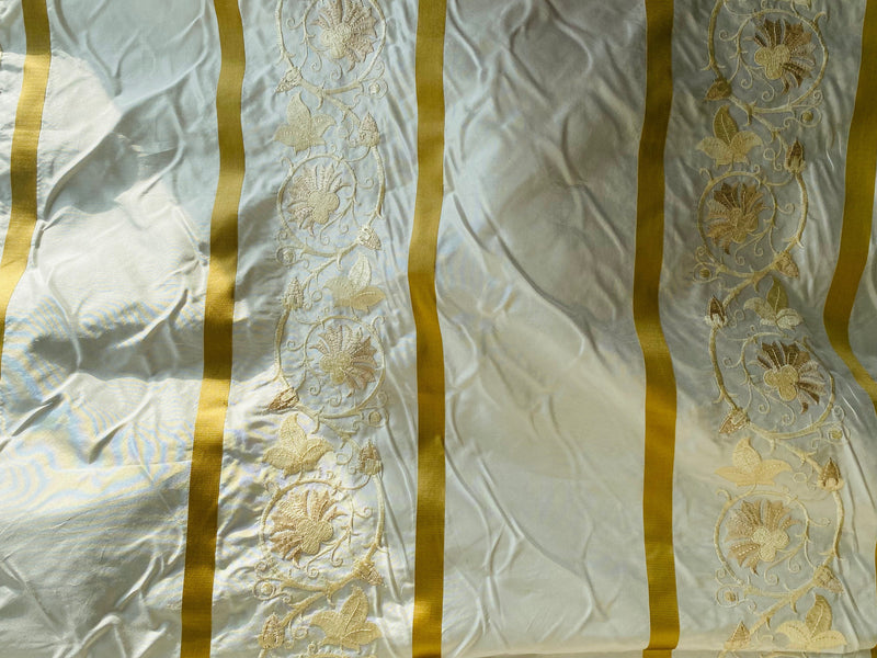 App Sale: Duchess Jezebel 100% Silk Taffeta Embroidered Scroll Stripe Floral Motif Cream White and Gold