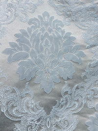 NEW Princess Gemma Designer Brocade Satin Fabric- Ice Blue on Grey- Upholstery Medallion - Fancy Styles Fabric Pierre Frey Lee Jofa Brunschwig & Fils