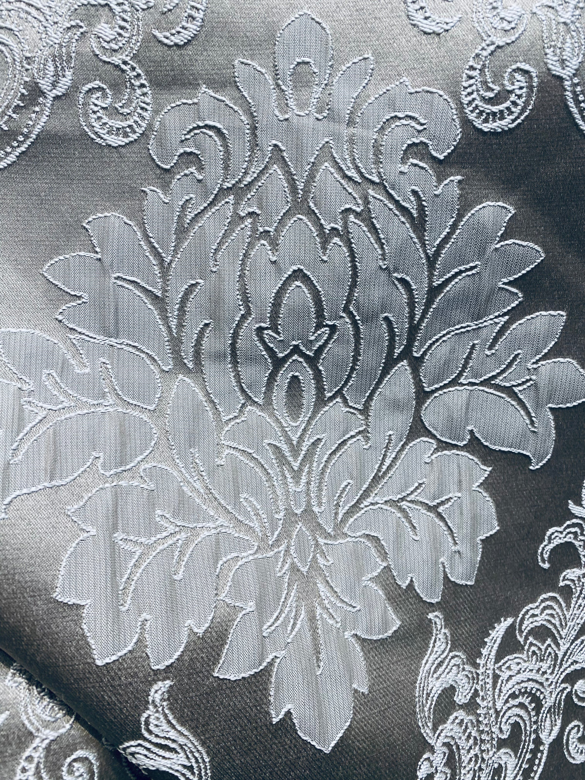 NEW Princess Gemma Designer Brocade Satin Fabric- Gray On Gray- Upholstery Medallion - Fancy Styles Fabric Pierre Frey Lee Jofa Brunschwig & Fils