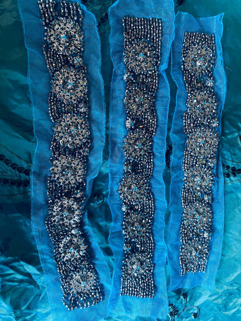 Haggle: THE PRINCE LUKE Silver Beaded Appliqué on Turquoise Mesh Lace