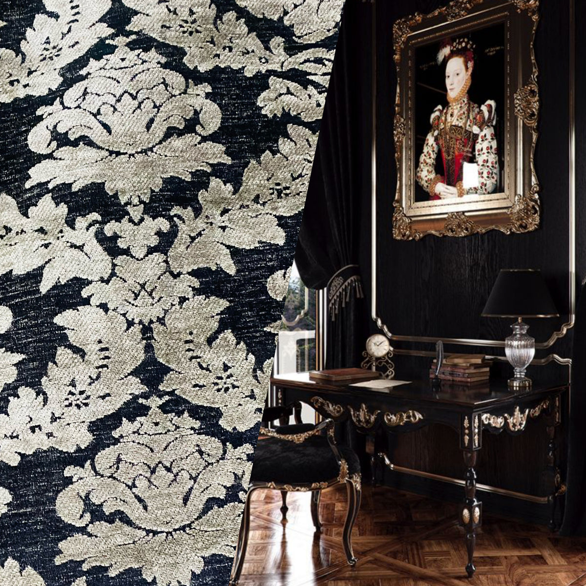 NEW! Lady Janet Designer Medallion Burnout Chenille Velvet Fabric - Silver and Black - Fancy Styles Fabric Pierre Frey Lee Jofa Brunschwig & Fils