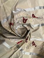 App Sale: Lady Lana Designer 100% Silk Taffeta Embroidered Fabric- Grey Burgundy Stripe Floral