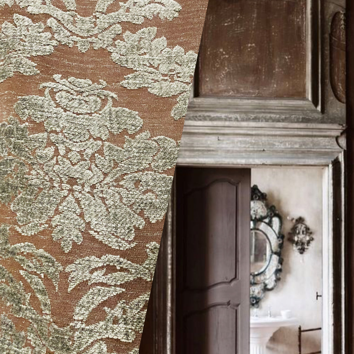 NEW! Lady Janet Designer Medallion Burnout Chenille Velvet Fabric - Platinum and Chocolate - Fancy Styles Fabric Pierre Frey Lee Jofa Brunschwig & Fils