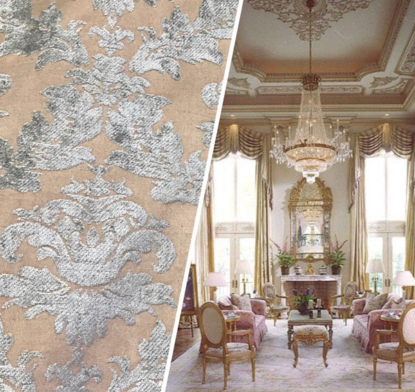 NEW! Lady Janet Designer Medallion Burnout Chenille Velvet Fabric - Aqua & Shell - Fancy Styles Fabric Pierre Frey Lee Jofa Brunschwig & Fils