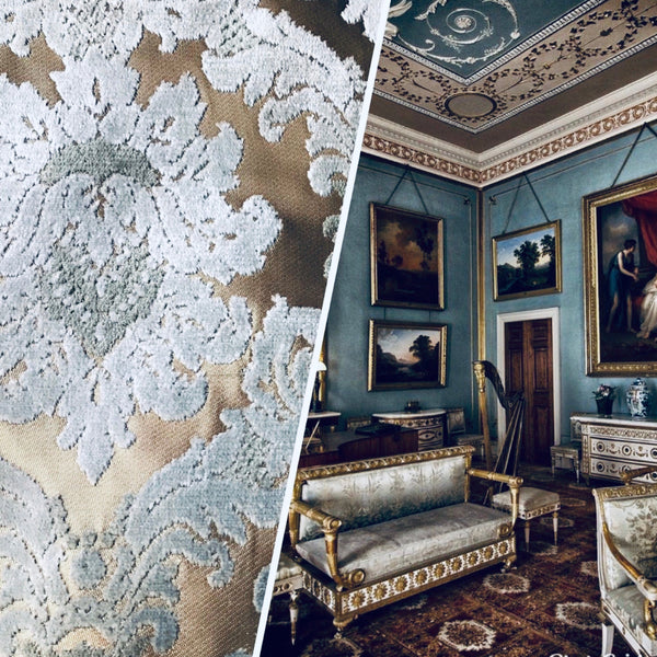 NEW! Emperor Walter Designer Italian Burnout Damask Chenille Silver-Blue Bronze Fabric Upholstery - Fancy Styles Fabric Pierre Frey Lee Jofa Brunschwig & Fils