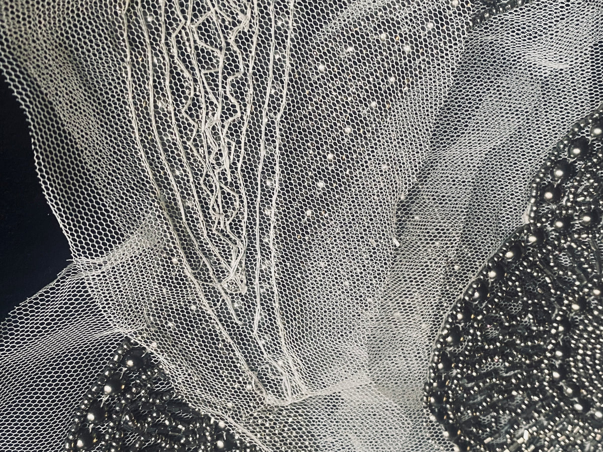 NEW THE QUEEN Silver Beaded Appliqué on White Mesh Lace - Fancy Styles Fabric Pierre Frey Lee Jofa Brunschwig & Fils
