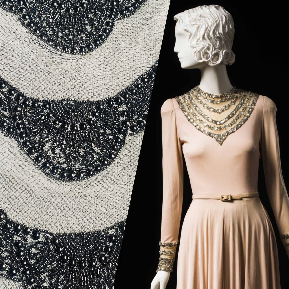 NEW THE QUEEN Silver Beaded Appliqué on White Mesh Lace - Fancy Styles Fabric Pierre Frey Lee Jofa Brunschwig & Fils