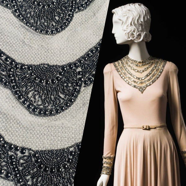 NEW THE QUEEN Silver Beaded Appliqué on White Mesh Lace - Fancy Styles Fabric Pierre Frey Lee Jofa Brunschwig & Fils