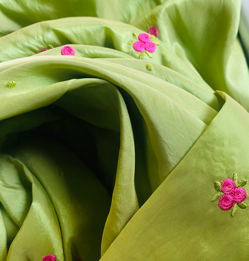 NEW Duchess Penny Lime Green Iridescence Faux Silk Embroidered Pink Floral Fabric