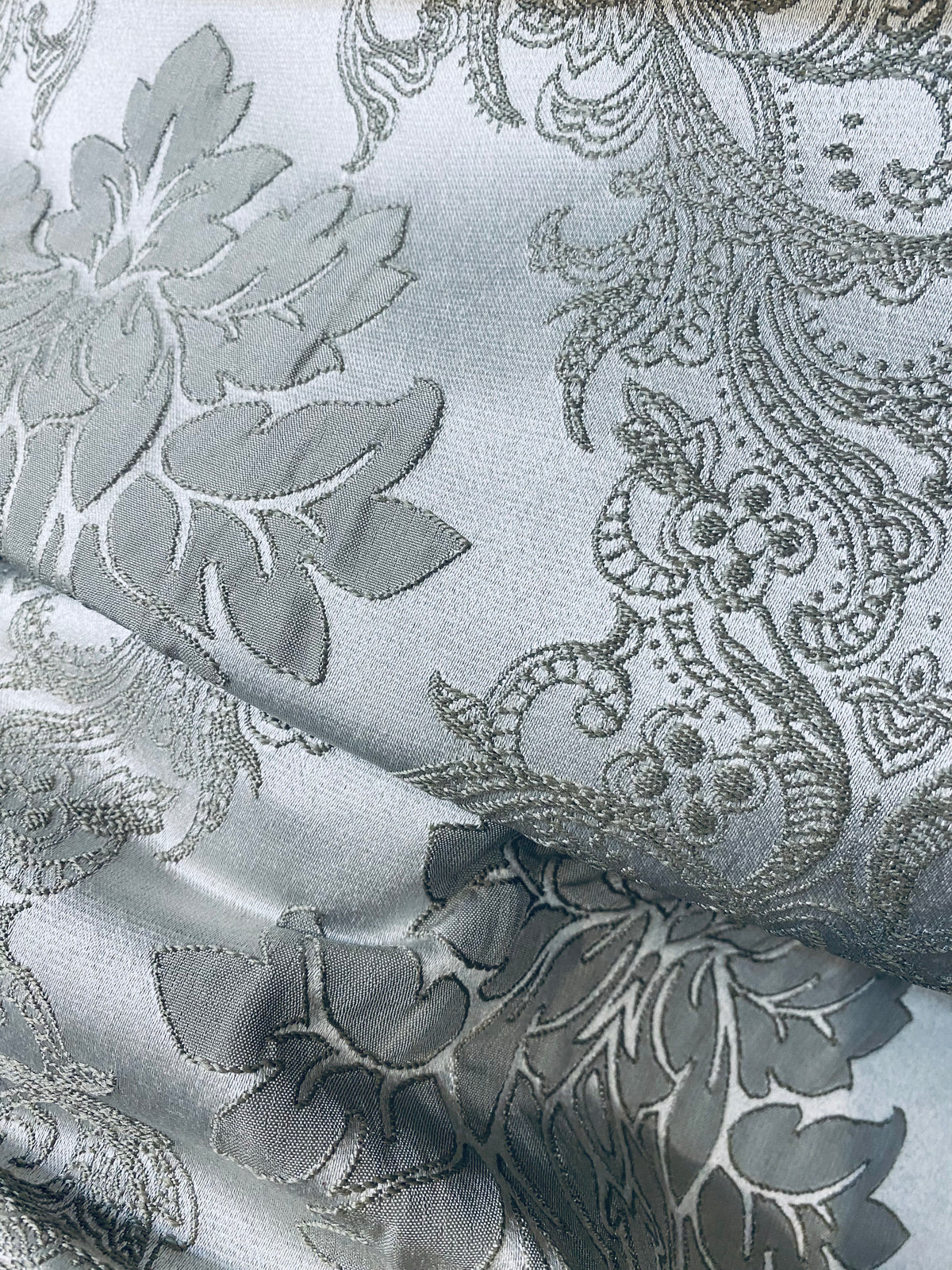 NEW Princess Gemma Designer Brocade Satin Fabric-Cloud Grey- Upholstery Medallion - Fancy Styles Fabric Pierre Frey Lee Jofa Brunschwig & Fils