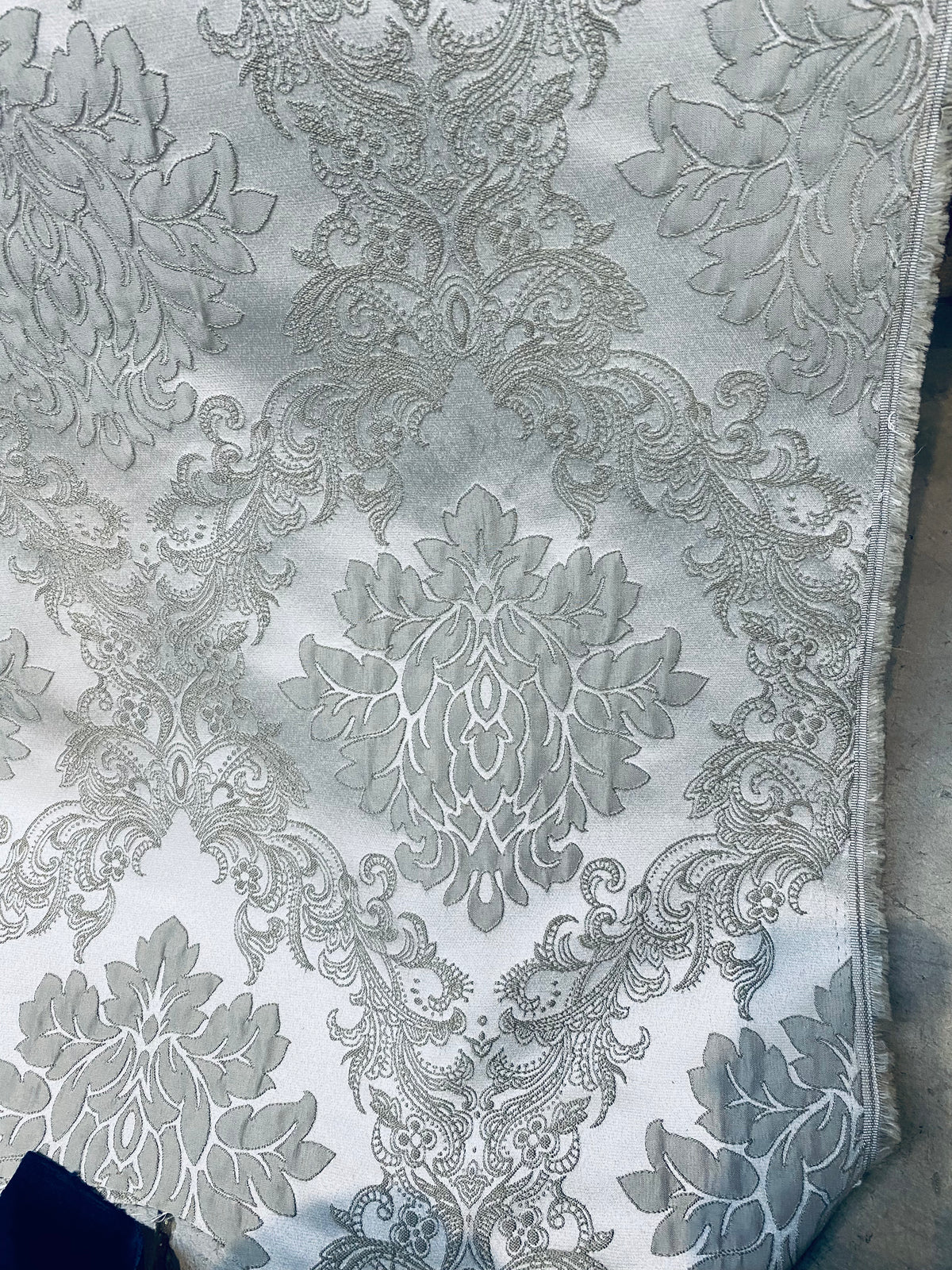 NEW Princess Gemma Designer Brocade Satin Fabric-Cloud Grey- Upholstery Medallion - Fancy Styles Fabric Pierre Frey Lee Jofa Brunschwig & Fils