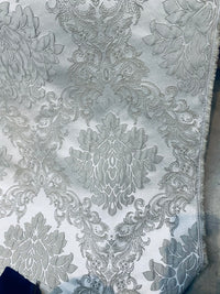 NEW Princess Gemma Designer Brocade Satin Fabric-Cloud Grey- Upholstery Medallion - Fancy Styles Fabric Pierre Frey Lee Jofa Brunschwig & Fils