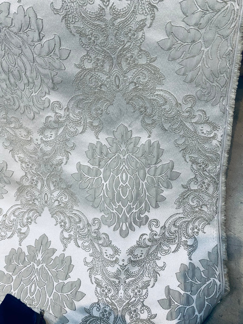 NEW Princess Gemma Designer Brocade Satin Fabric-Cloud Grey- Upholstery Medallion