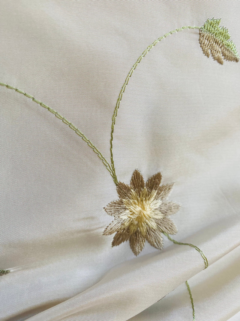 App Sale: Queen Lamar 100% Silk Taffeta Ecru with Champagne and Green Floral Embroidery- SB_3_11